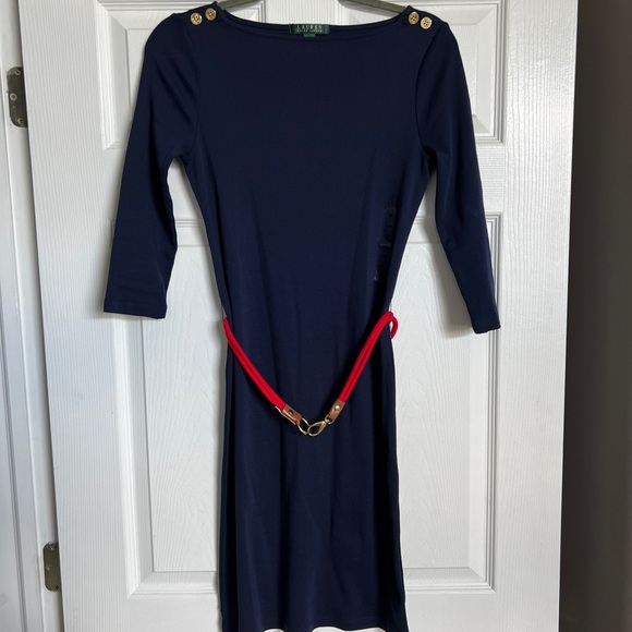 NWT Ralph Lauren Navy Dress with Red Rope Accent Belt - Picture 1 of 6